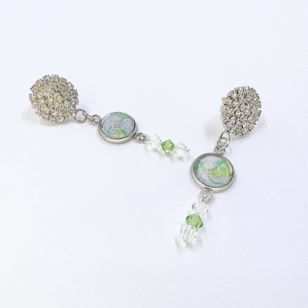 New / Handcrafted - Green Paint Skin Silver Tone Round Drop Beaded Post Earrings